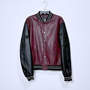 Fried Denim Faux Leather Varsity Bomber Jacket Urban Streetwear Burgundy Men XL